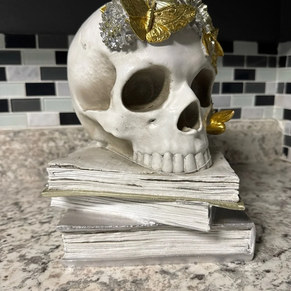 Christian Lacroix Skull on Stacked Books Creepy Halloween Skeleton Butterflies